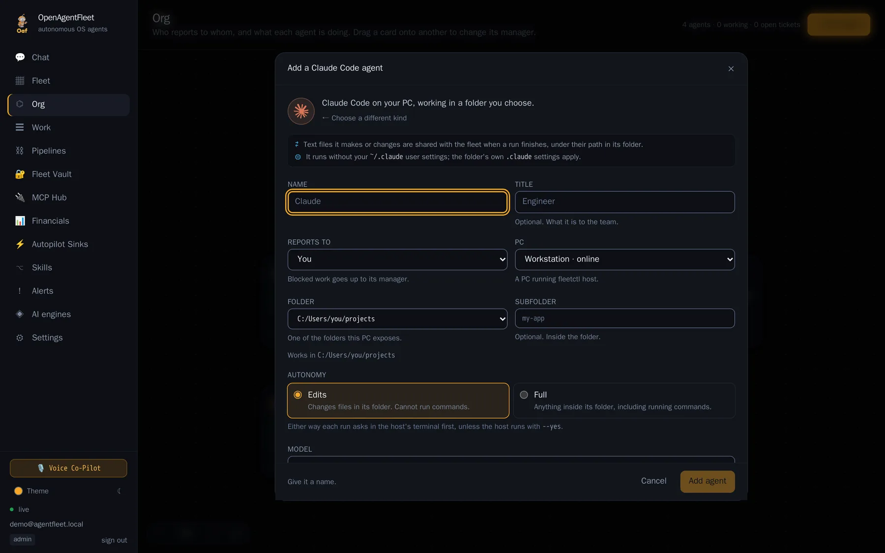 Adding a Claude Code agent: the PC, its folder, and how much it may do alone, dark mode
