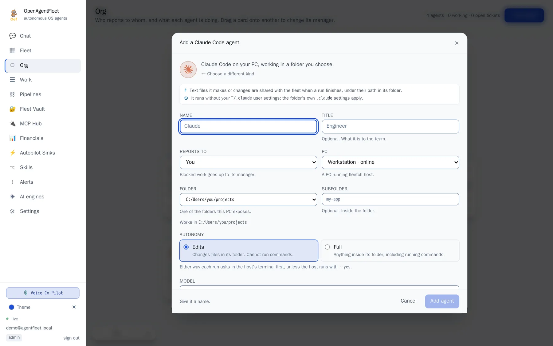 Adding a Claude Code agent: the PC, its folder, and how much it may do alone, light mode