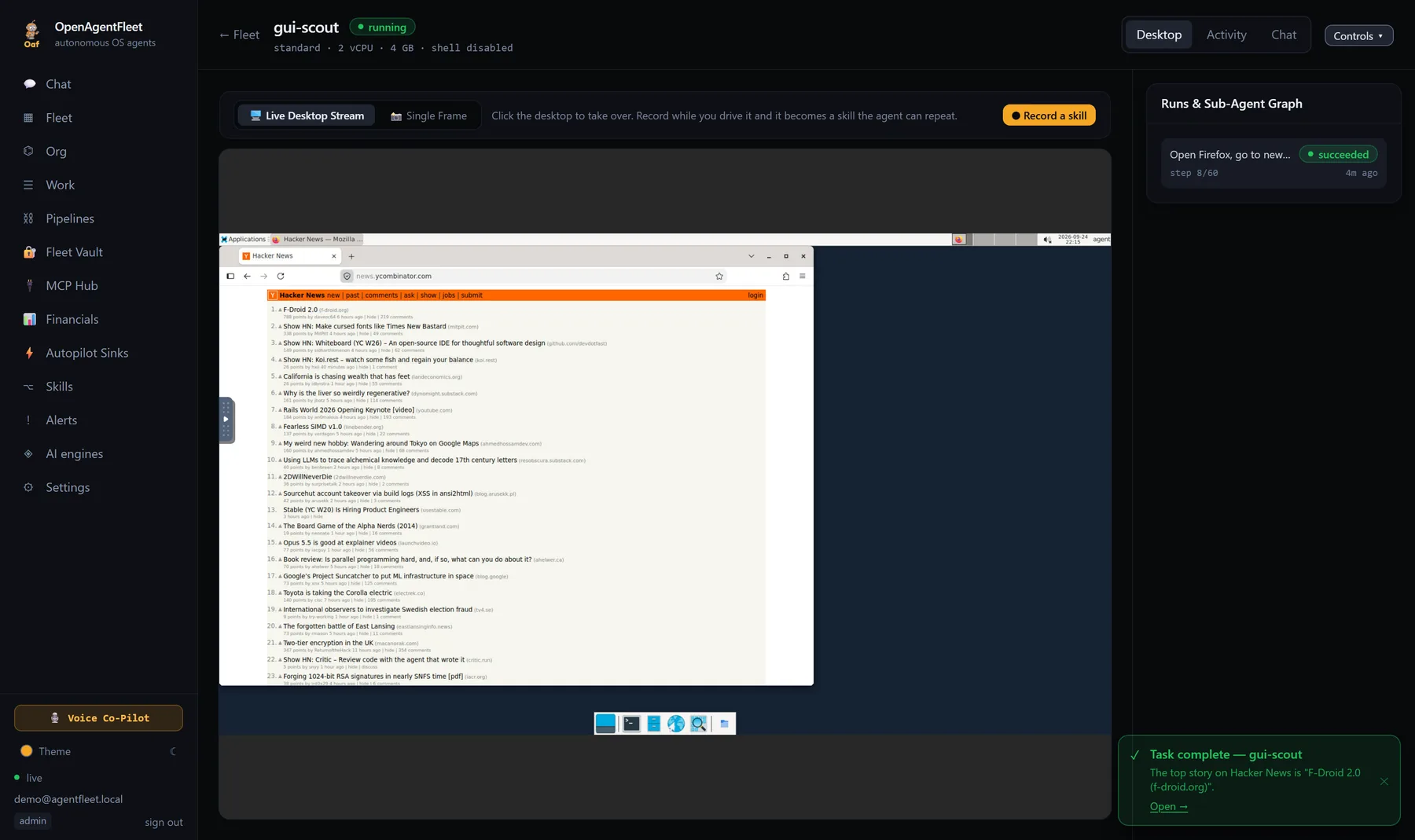 The OpenAgentFleet console with an agent's desktop streaming live, dark mode