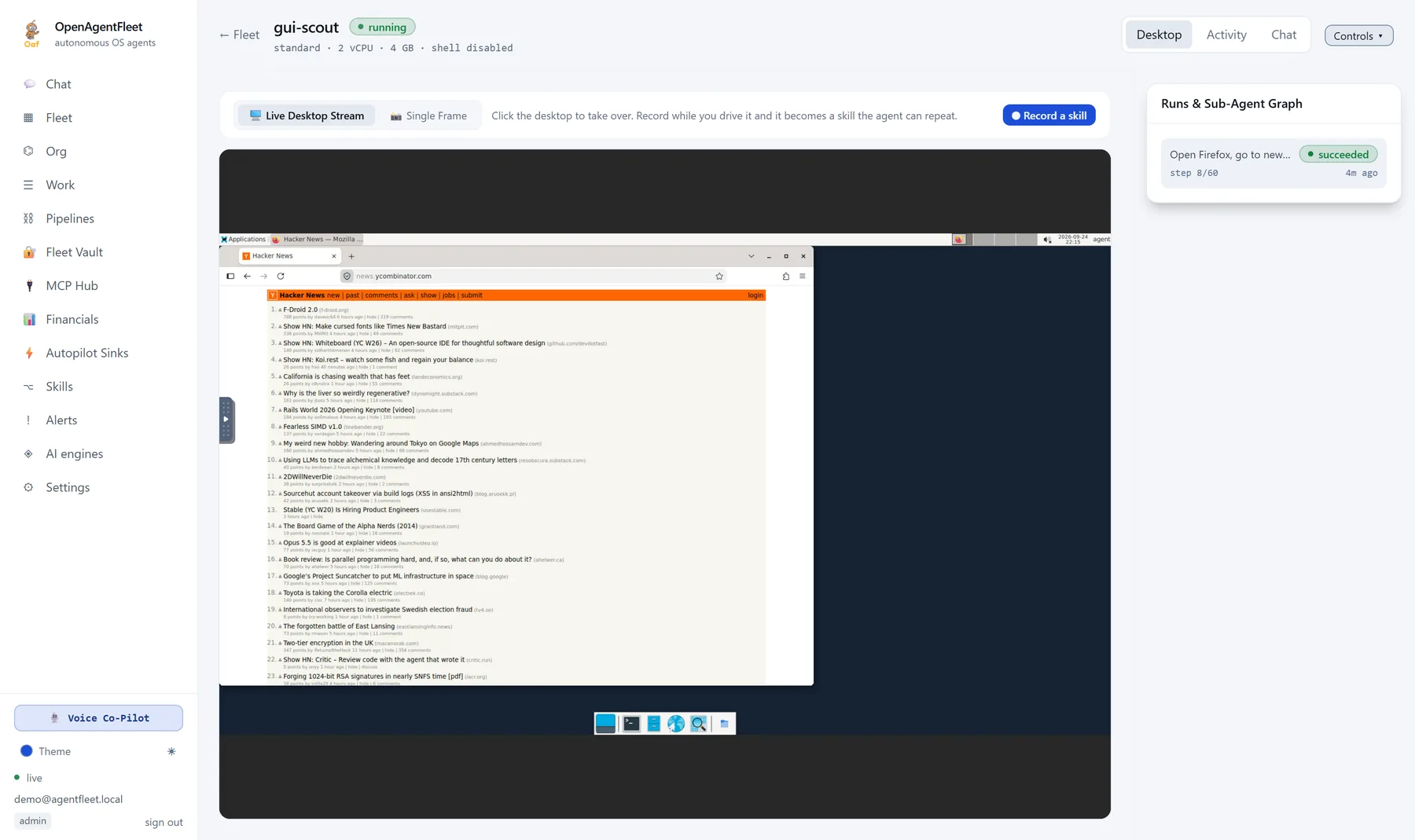 The OpenAgentFleet console with an agent's desktop streaming live, light mode