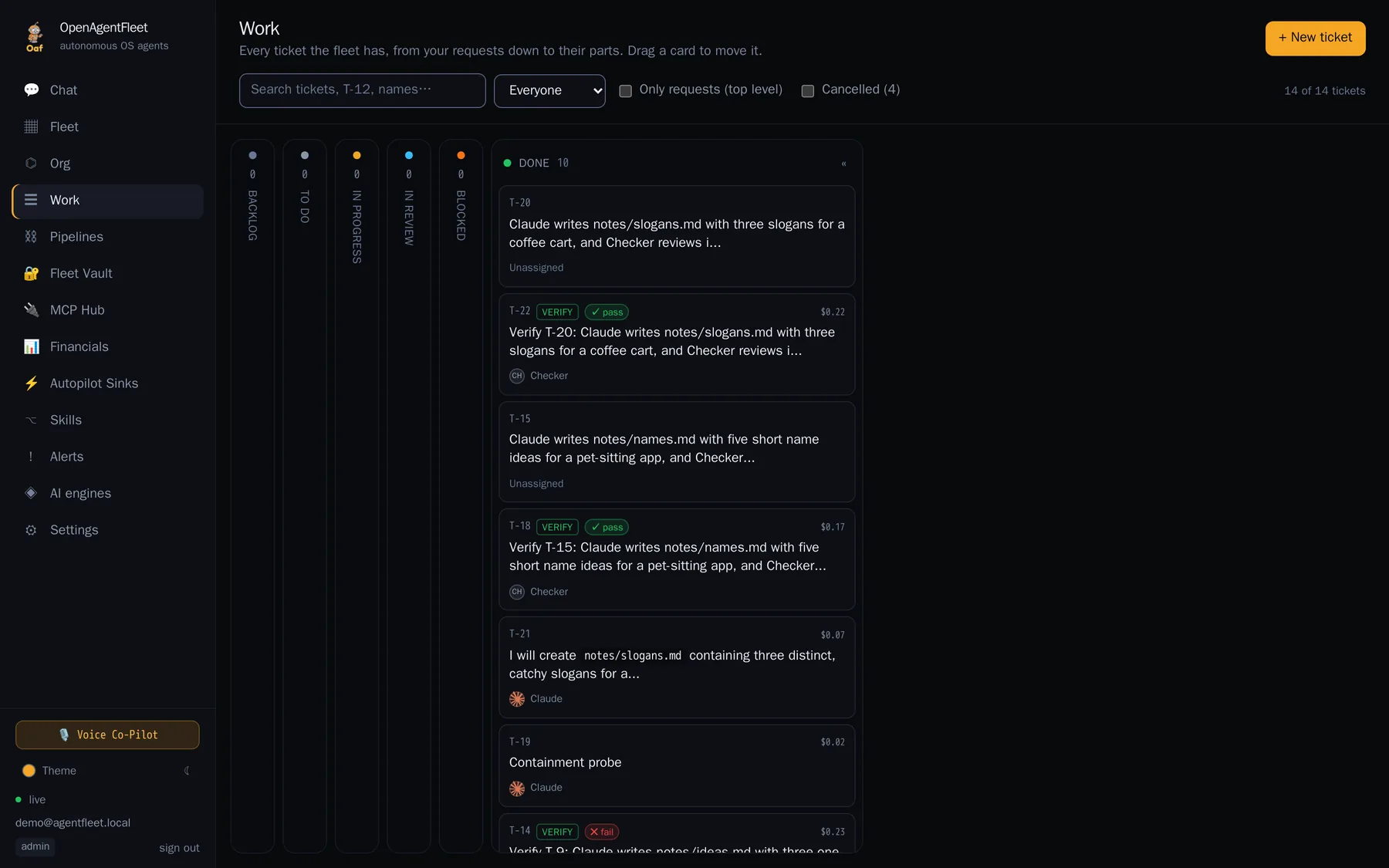 The Work board: tickets by status, with verify tickets and their verdicts, dark mode