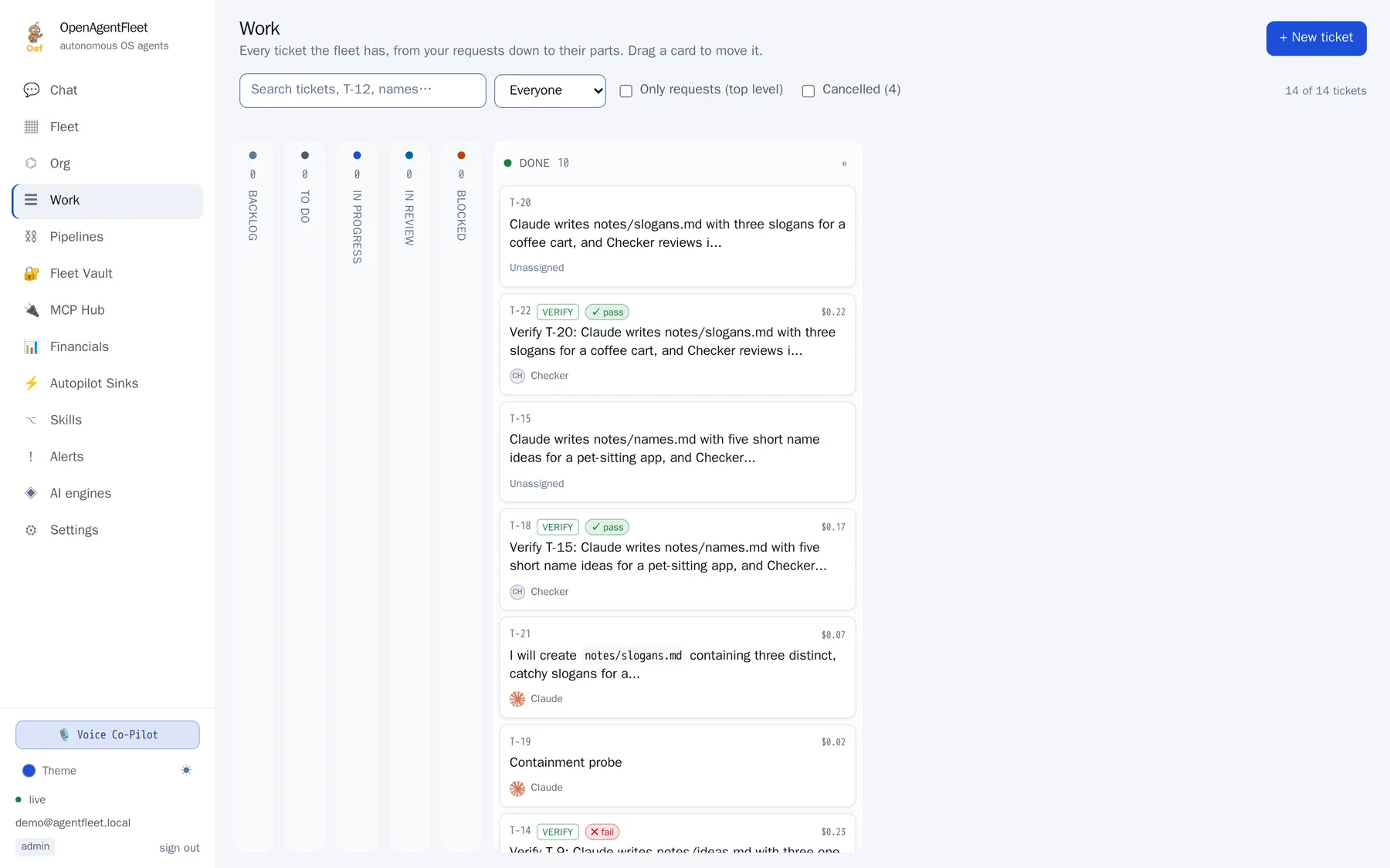 The Work board: tickets by status, with verify tickets and their verdicts, light mode