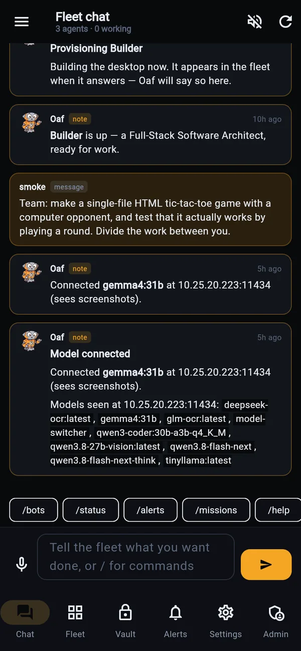 The companion app's fleet chat in dark mode