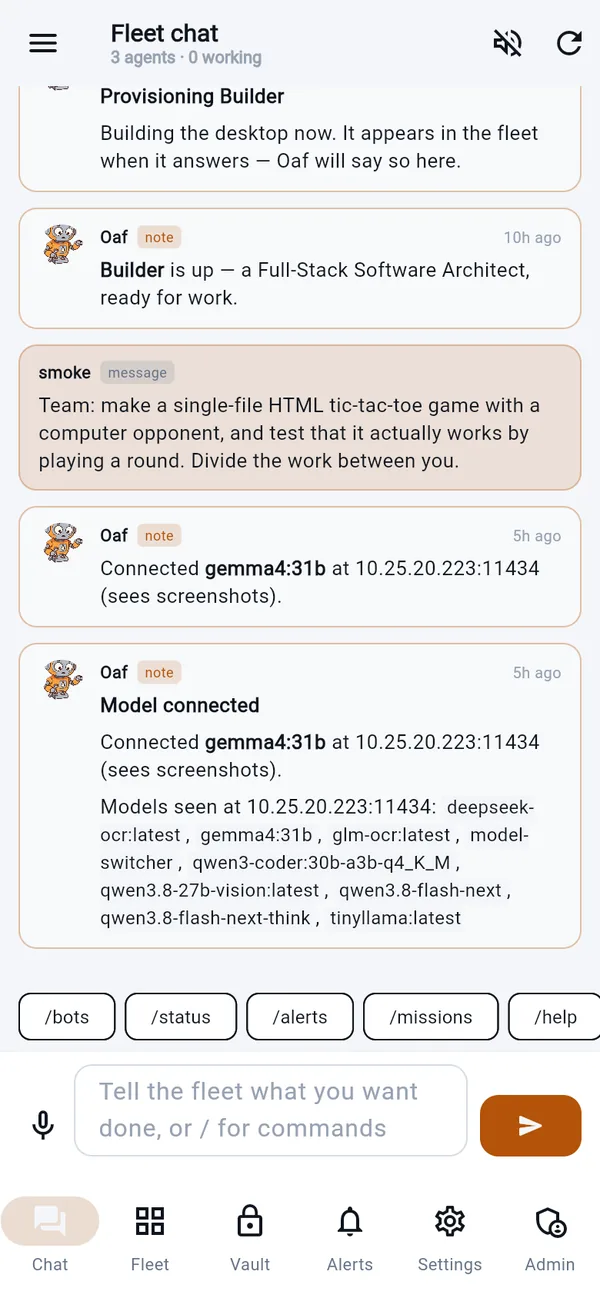 The companion app's fleet chat in light mode